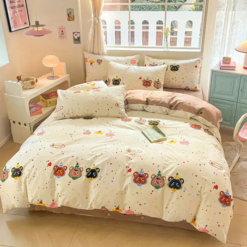 Cream-colored decorbites cotton floral bedding set with playful pastel bears and confetti pattern for bedroom decor