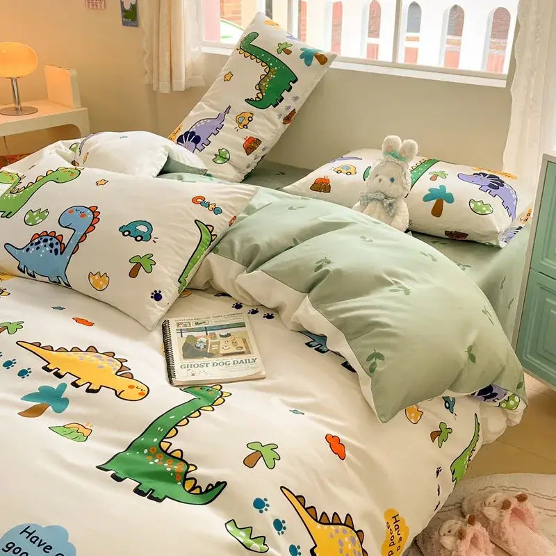 Cute pastel bear cotton bedding set with colorful dinosaur print on white and light green decorbites cotton floral design