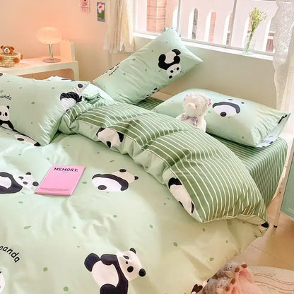 Mint green mint cotton floral printed bedding set with black and white cartoon pandas for bedroom decorbites cotton floral
