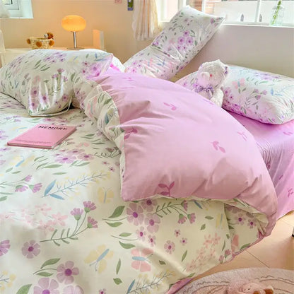 Pink and cream cotton bedding set with delicate pastel floral print and green leaves from decorbites cotton floral collection