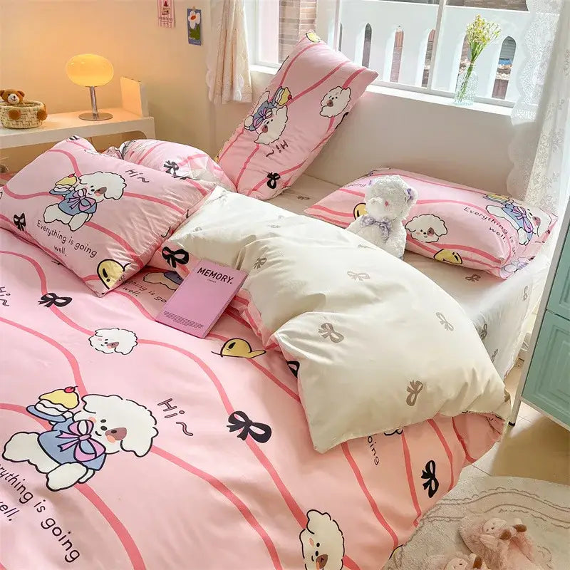 Cute pastel bear cotton bedding set with pink and white floral print featuring fluffy puppy decorbites cotton floral design