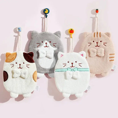 Adorable pastel plush cat hand towel sponges with embroidered faces and cute bow ties for bathroom use