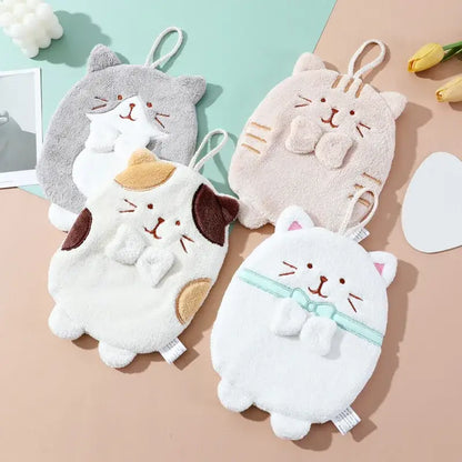 Soft plush cat hand towels in gray beige calico and white with embroidered faces and bow ties for bathroom use