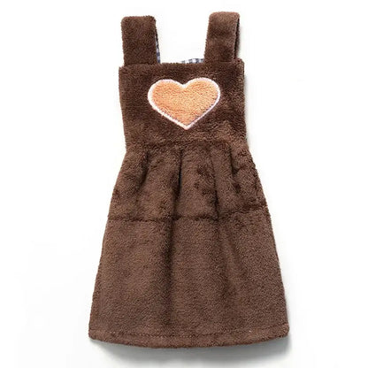 Brown fuzzy hand towel dress with tan heart patch for cute cartoon hand towel kitchen decor use