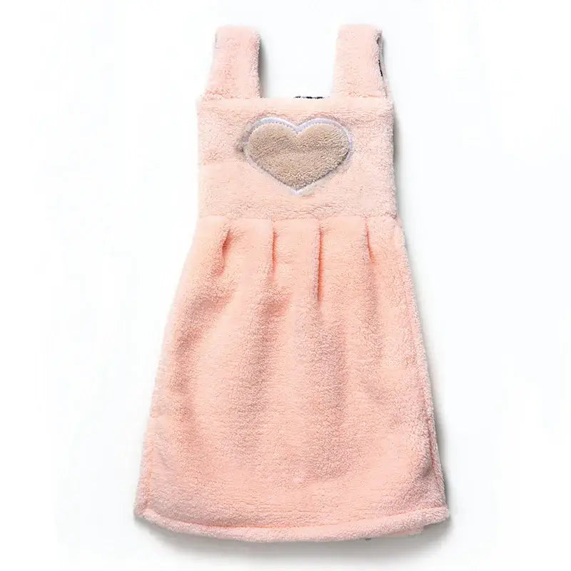 Cute pink plush terry cloth hand towel dress with beige heart appliqué for kitchen decor cartoon hand towel
