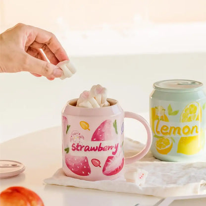 Pink ceramic fruit shape mug with strawberry illustrations and marshmallows decorbites fruit shape ceramic cup