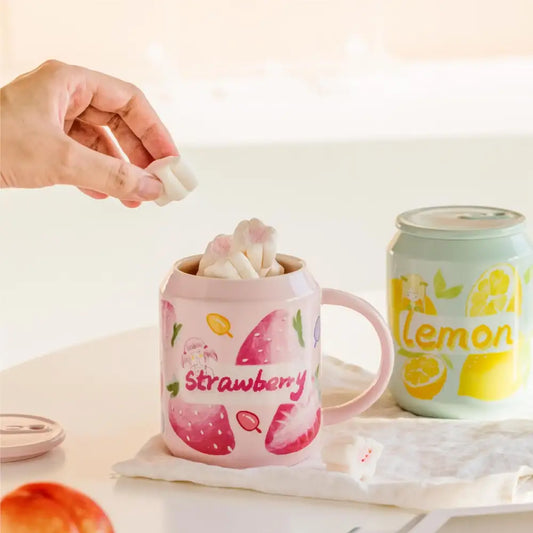 Pink ceramic fruit shape mug with strawberry illustrations and marshmallows decorbites fruit shape ceramic cup