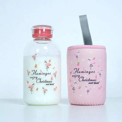 Pink flamingo-themed insulated water bottle sleeve with silver mesh strap for decorbites blue glass water bottle