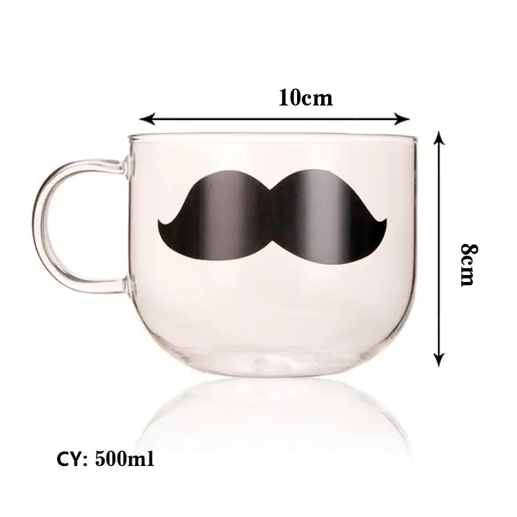 Clear glass coffee mug with black mustache design heat resistant for tea and coffee use in the kitchen