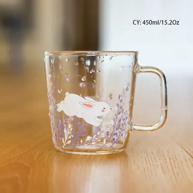 Clear glass coffee mug with white bunny and purple floral vines design heat resistant 450ml glass coffee mug