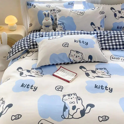 Cute printed cotton duvet cover set featuring white and blue kitty decorbites cute printed design with checkered accents