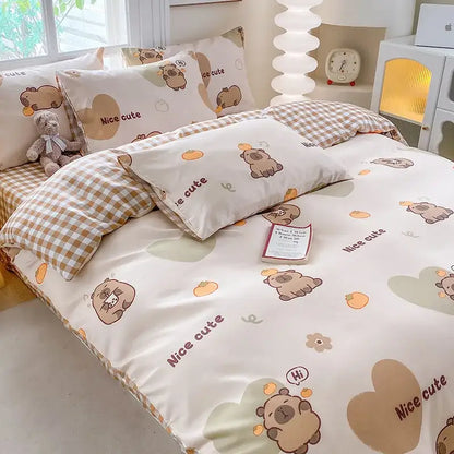 Cute printed cotton beige and brown bear-themed duvet cover from decorbites cute printed bedroom bedding set cream navy