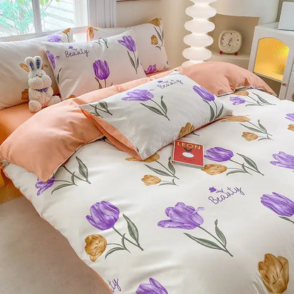 Cream white duvet cover with purple and gold tulip prints and beauty script in decorbites cute printed cotton bedding set