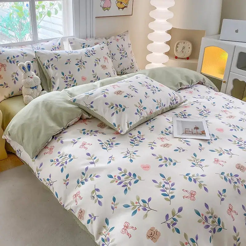 Pastel green and white floral decorbites cute printed cotton duvet cover with soft embroidered details for bedroom decor