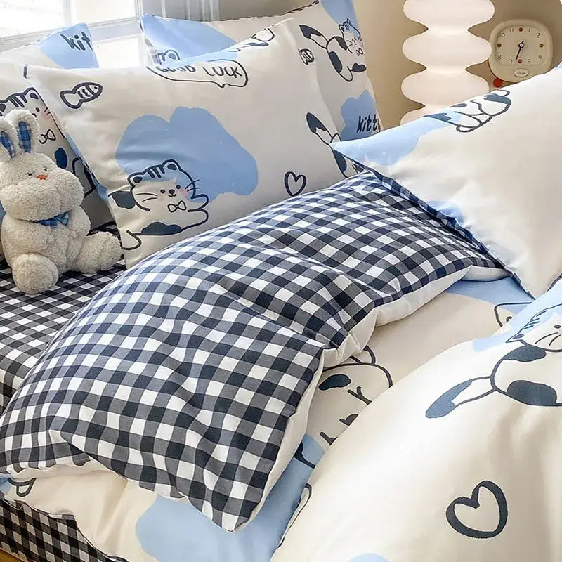Blue and white checkered pillowcase with cartoon cats from decorbites cute printed cotton duvet cover set in cream and navy