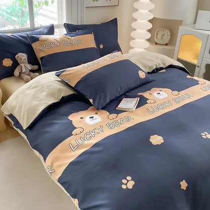 Navy and beige cute printed cotton duvet cover with embroidered lucky bear faces paw prints and star motifs decorbites cute printed