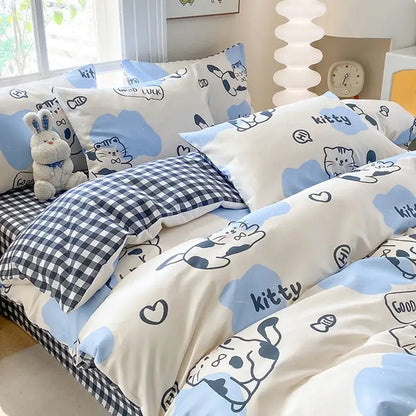 Cute printed cotton duvet cover in cream and navy with kawaii blue and white cartoon animal decorbites cute printed set