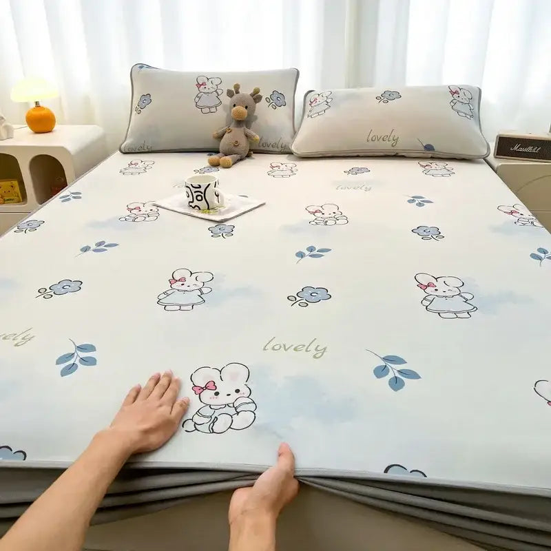 Soft light blue cooling ice silk mattress pad with cute rabbit floral pattern and gold lovely print for decorbites cooling ice mattress set