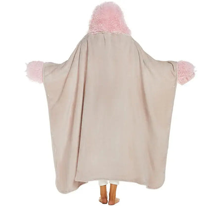 Beige plush hooded lap blanket with pink fuzzy trim made of soft flannel for cozy decorbites cute leopard style use
