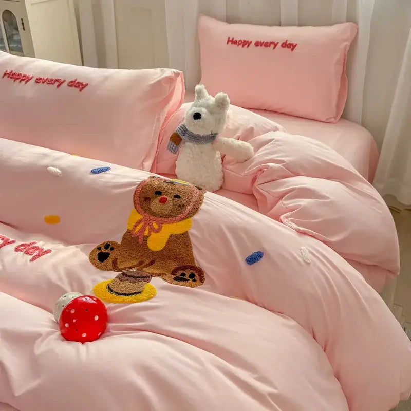 Pink embroidered bed sets featuring plush brown bear with yellow scarf and colorful confetti decorbites cartoon embroidery