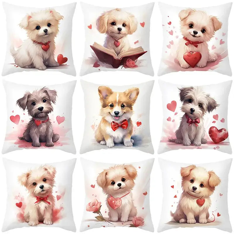 Cute white and cream dog print cushion cover with red heart accents for bedroom decorbites cute pet decor