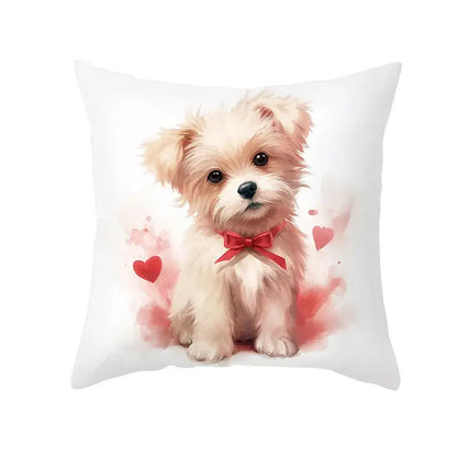 White throw pillow cushion cover featuring cream dog print with red bow tie and pink hearts for decorbites cute pet decor