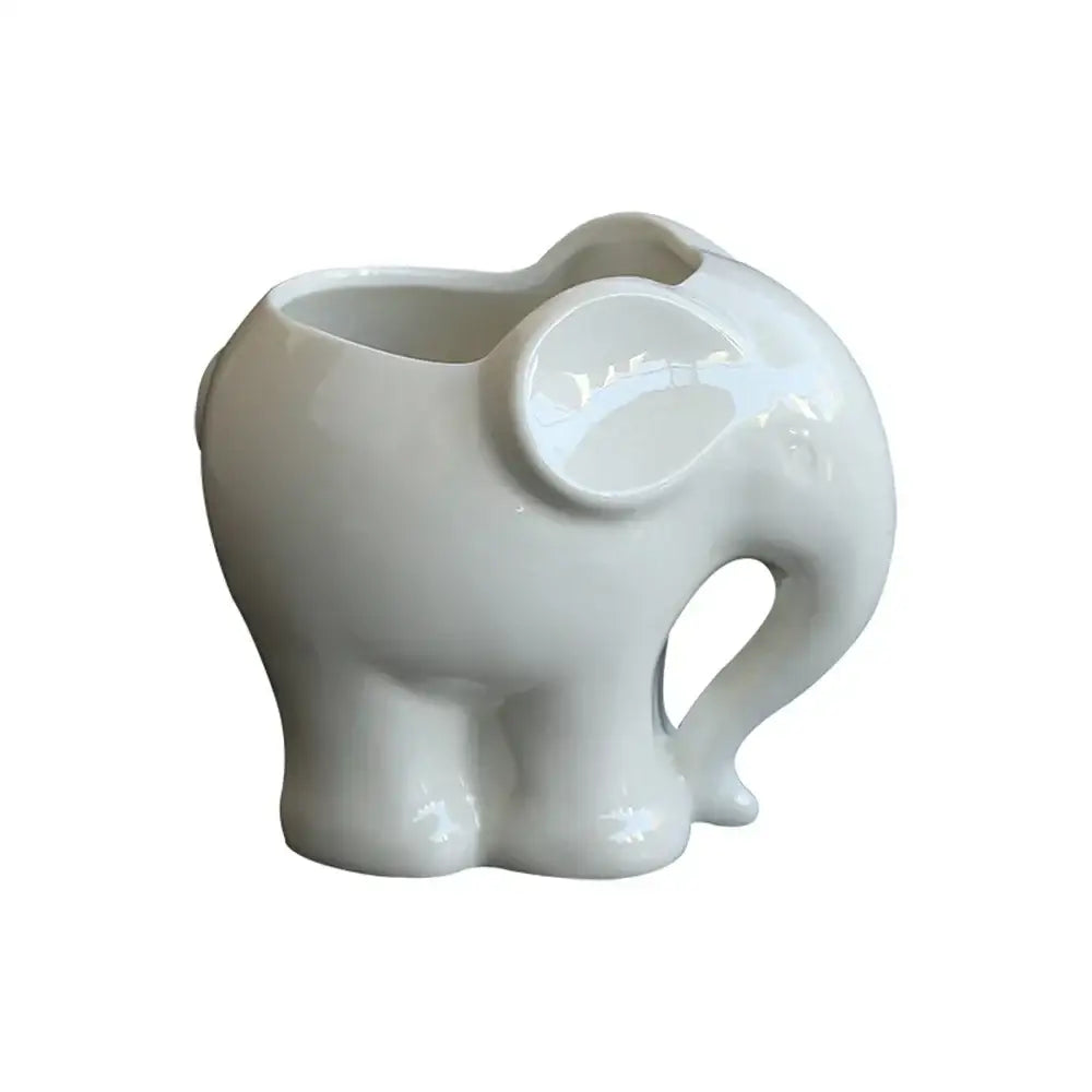 Cute white ceramic elephant succulent planter with glossy finish and open mouth design for bedroom decor
