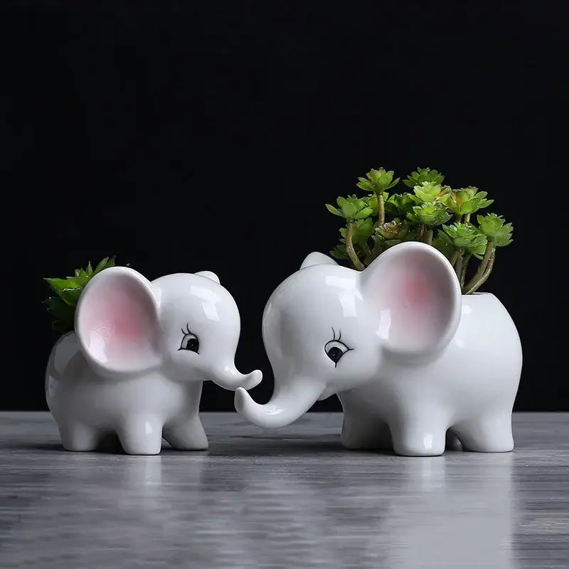 Cute white ceramic elephant succulent planter with pink ear accents and black eyelashes holding green succulents