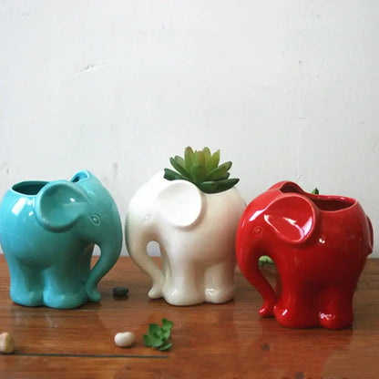 Three ceramic elephant succulent planters in teal white and red ideal for bedroom decor and small plants
