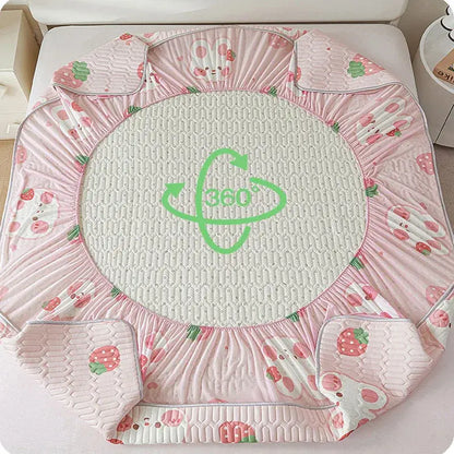 Cute white floral cartoon pattern quilted cooling fitted sheet with pink strawberry and bunny design and green 360° logo
