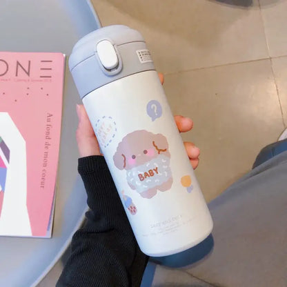 Cute white stainless steel vacuum flask straw cup with gray lid and cartoon puppy design labeled baby