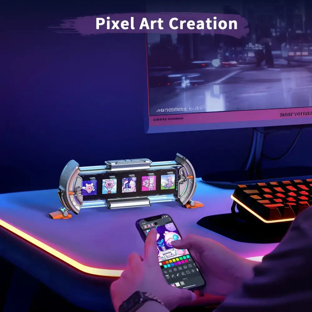 A sleek silver metallic cyberpunk pixel art clock with pink RGB display panels for bedroom decorbites cyberpunk pixel decor