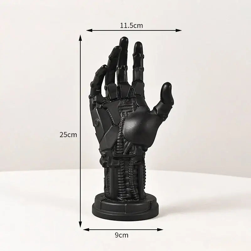 Black matte mechanical arm sculpture with articulated joints on circular base for decorbites cyberpunk desktop stand decor