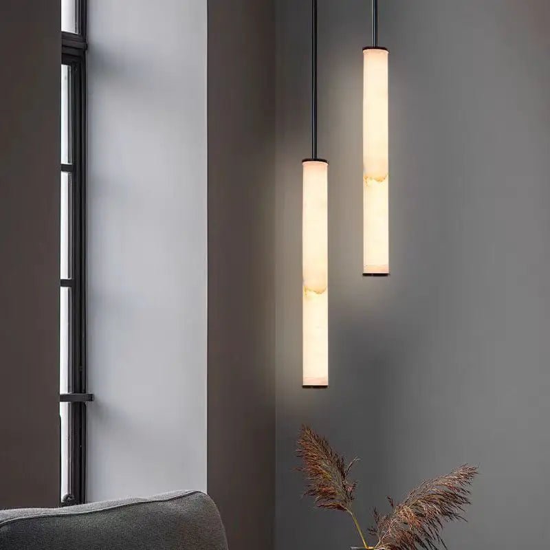 Cylindrical Marble Pendant Light in Black Brass - Decorbites