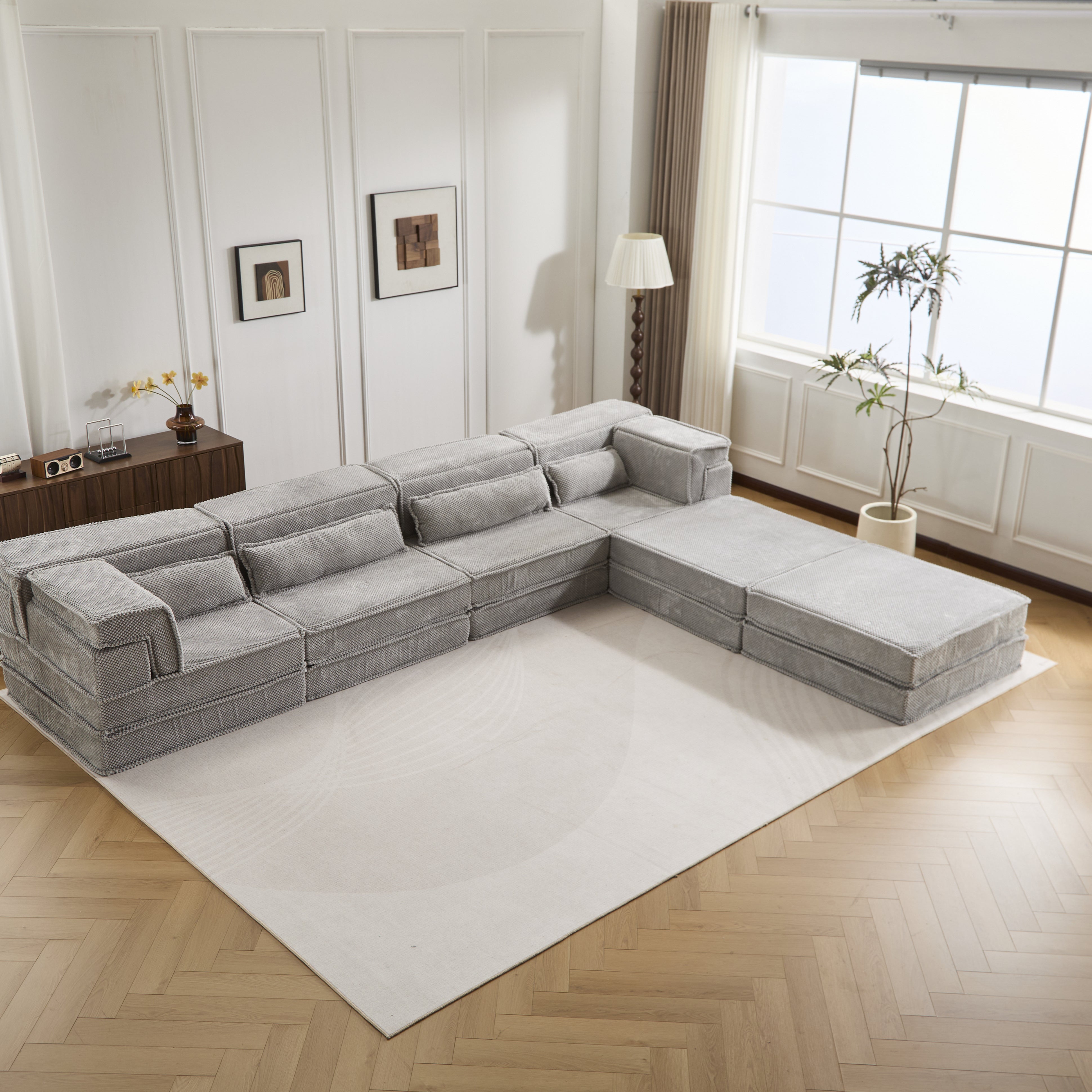 Light Grey Sectional Sofa Fleece Modular Design