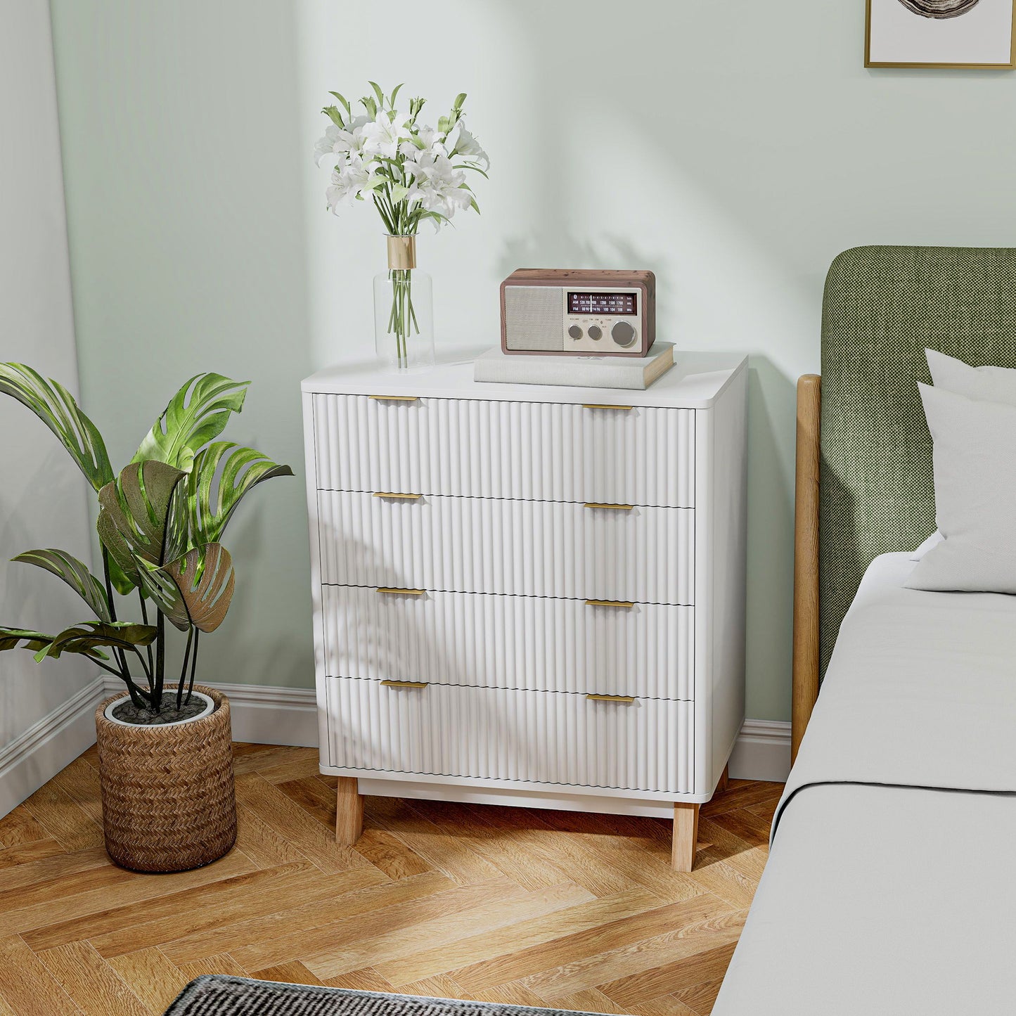 4 Drawer Double Dresser For Bedroom, Fluted Chest Of Drawers With Gold Finger Pulls And 4 Wood Legs, White