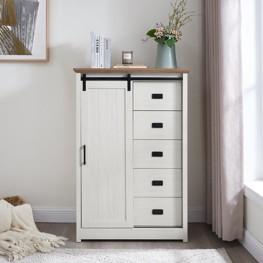 5 Drawers Dresser W Sliding Barn Door, Farmhouse Modern Tall Dresser 5 Chest Of Drawers, Storage Organizer Dresser For Bedroom, Hallway, Living Room, Kids Room WHITE