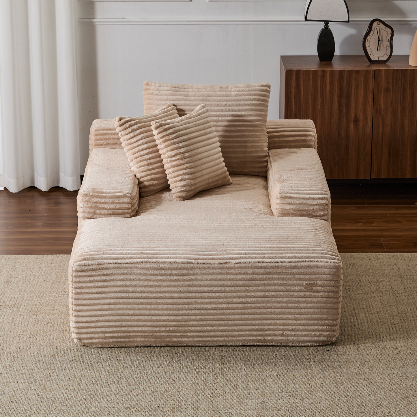 Oversized Chaise Lounge Chair Cozy Cloud Couch, Modern Plush Corduroy Upholstered Sleeper Sofa Daybed With 3 Throw Pillows And Wide Armrest For Living Room, No Assembly Required,Beige