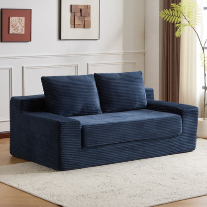 Loveseat Sofa, Comfortable Deep Seat Sofa Bed, Modern Small Corduroy Couch For Living Room Bedroom,Reversible Cushion With Pillows,No Assembly Required, Dark-blue