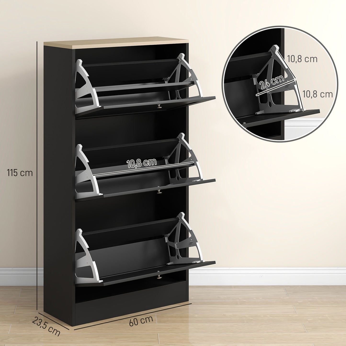 Modern Shoe Storage Cabinet with 3 Flip Drawers and Adjustable Shelves for 12-18 Pairs of Shoes