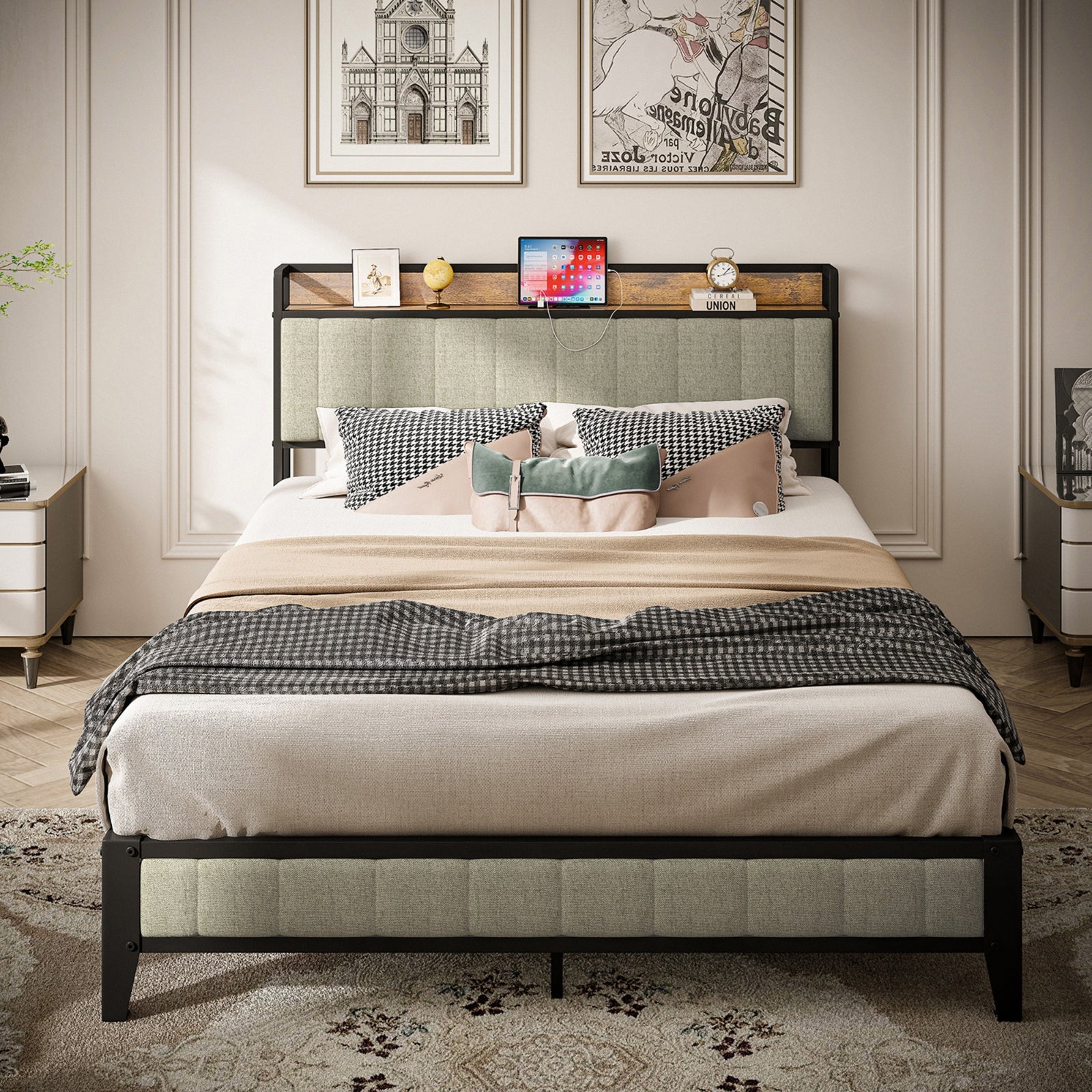 Gray Upholstered Charging Bed Metal Platform