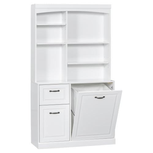 Bathroom Storage Cabinet With Tilt-Out Hamper, 70.9'' Tall Free Standing Organizer With Drawers & Adjustable Shelves, MDF Linen Tower With Steel Handles, White Finish