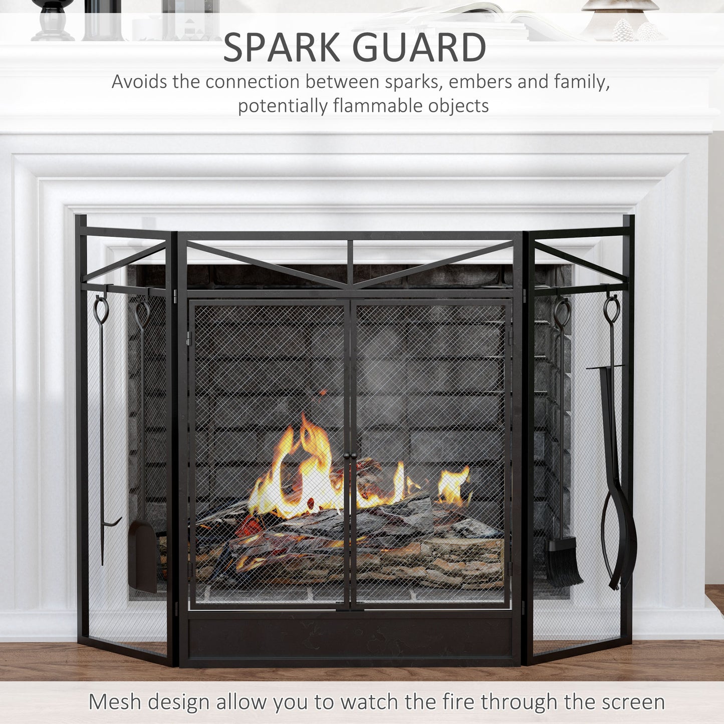 3-Panel Folding Fireplace Screen with 2 Magnetic Doors and Fire Place Tools Set