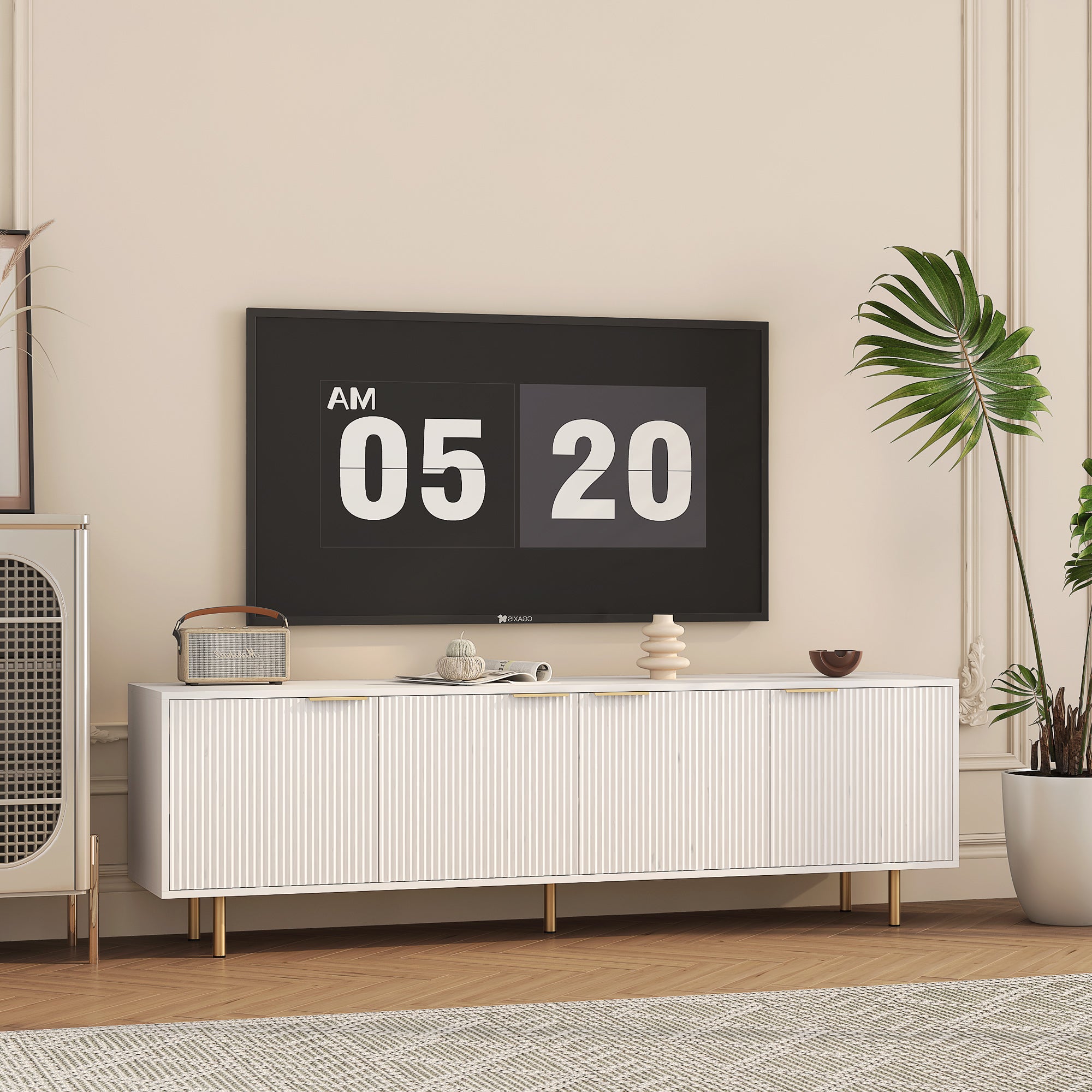 White Modern TV Stand Fluted T, Entertainment Center With Storage Doors, TV Console Media Cabinet, For 55 Inch TV, Living Room