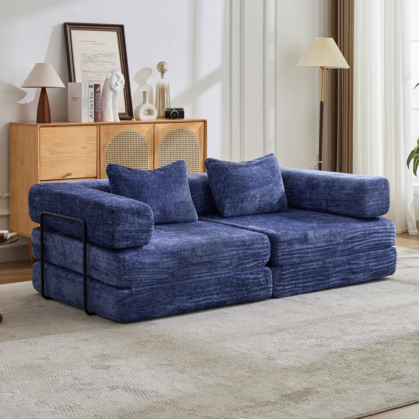 Compression Sofa,Convertible Floor Sofa Bed With Fixed-Shape Frame, Loveseats Boneless Modular Sectional Sofa,No Assembly Required,Chenille Fabric,for Living Room Bedroom,Dark Blue