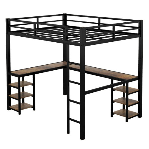 Black Metal Loft Bed With Desk And Shelves
