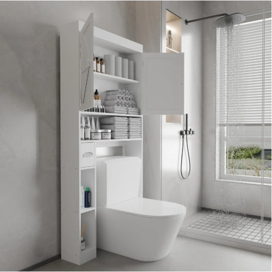 Over The Toilet Storage Cabinet With 2 Door  Home Space Saving Toilet Rack, Farmhouse Style For Bathroom, Restroom, Laundry