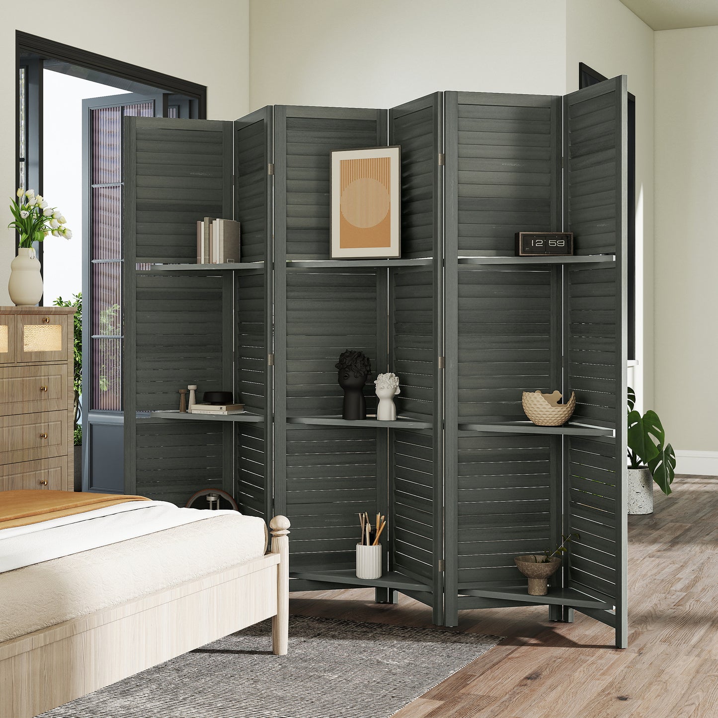 6 Panel 67" Tall Wood Privacy Screen Room Divider with 3 Shelves and Folding Storage for Bedroom, Gray