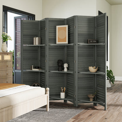6 Panel 67" Tall Wood Privacy Screen Room Divider with 3 Shelves and Folding Storage for Bedroom, Gray