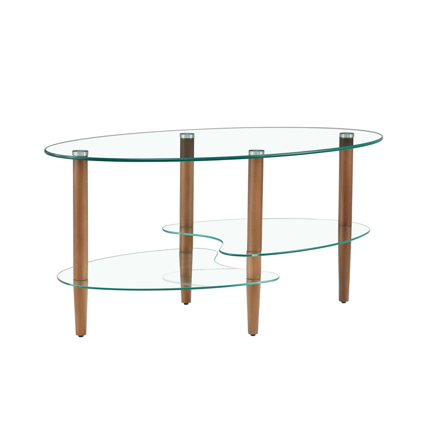 Transparent Oval Glass Coffee Table Modern Table Wood Leg Tea Table 3-layer